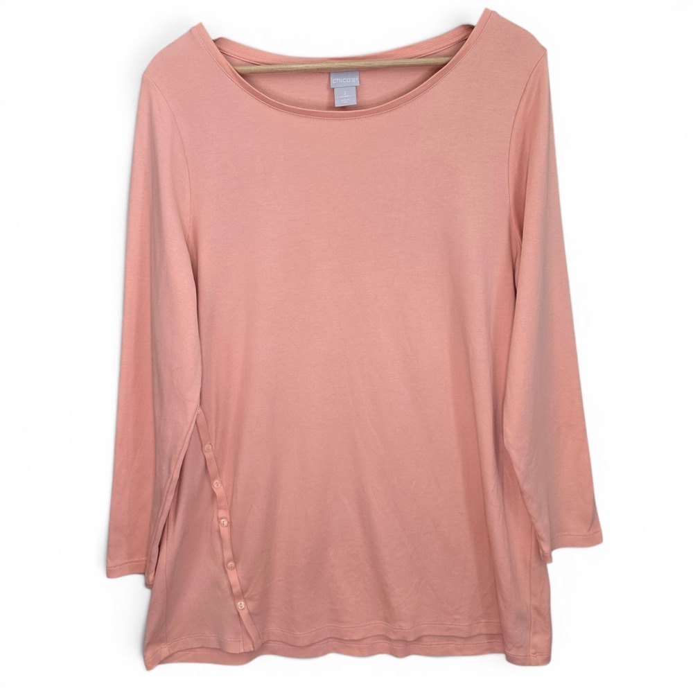 Chicos Top Womens‎ 2 US Large Pink Scoop Neck Tunic Button Accent Pima Cotton